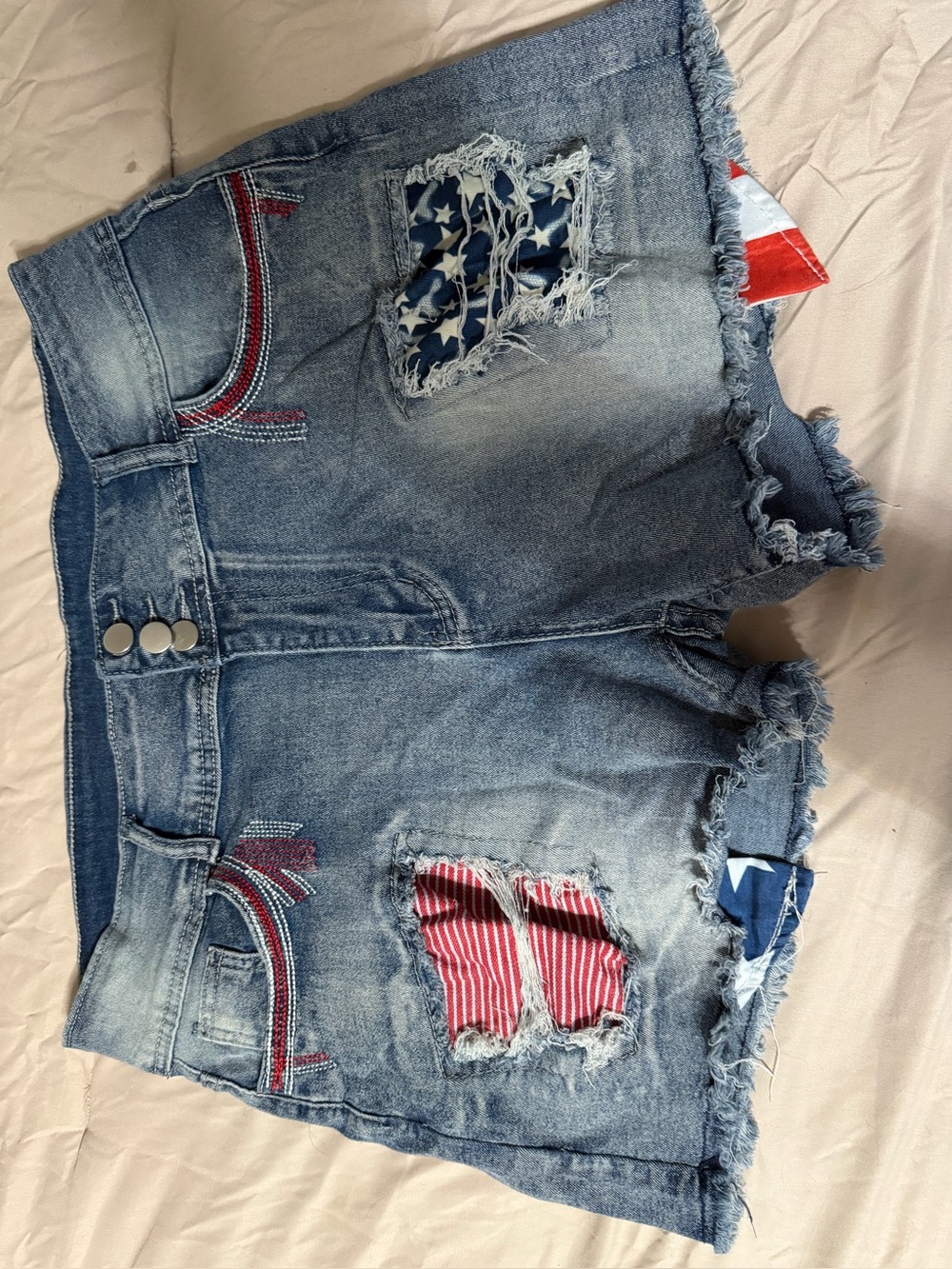 Women’s Distressed Denim Shorts with Flag Patch Details